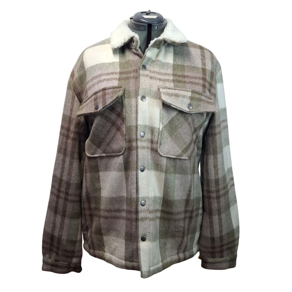 Pull&Bear Mens XL Plaid Sherpa Collar Quilted Shacket Cream Brown Taupe